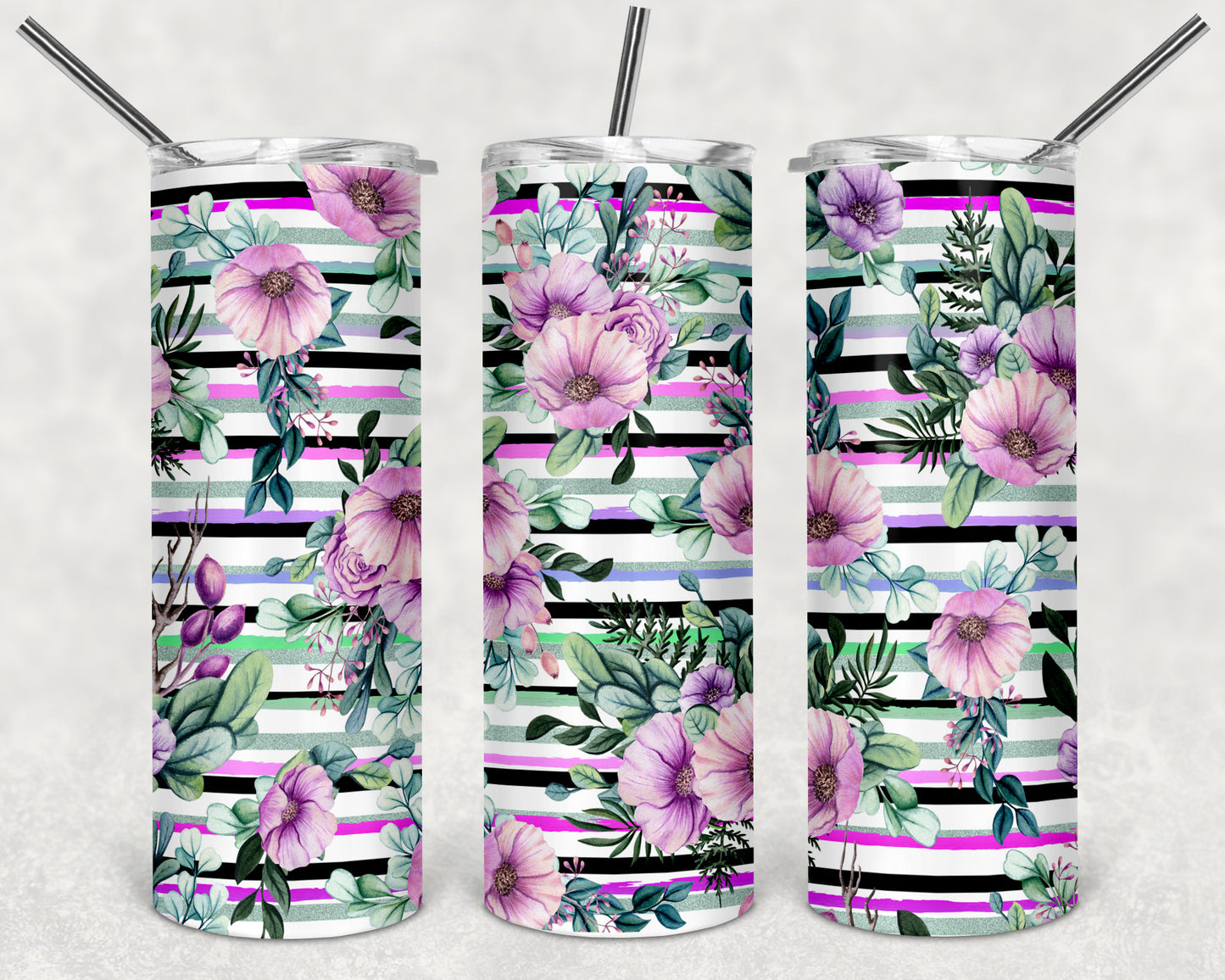 Purple Flowers and Stripes Skinny Tumbler 20oz