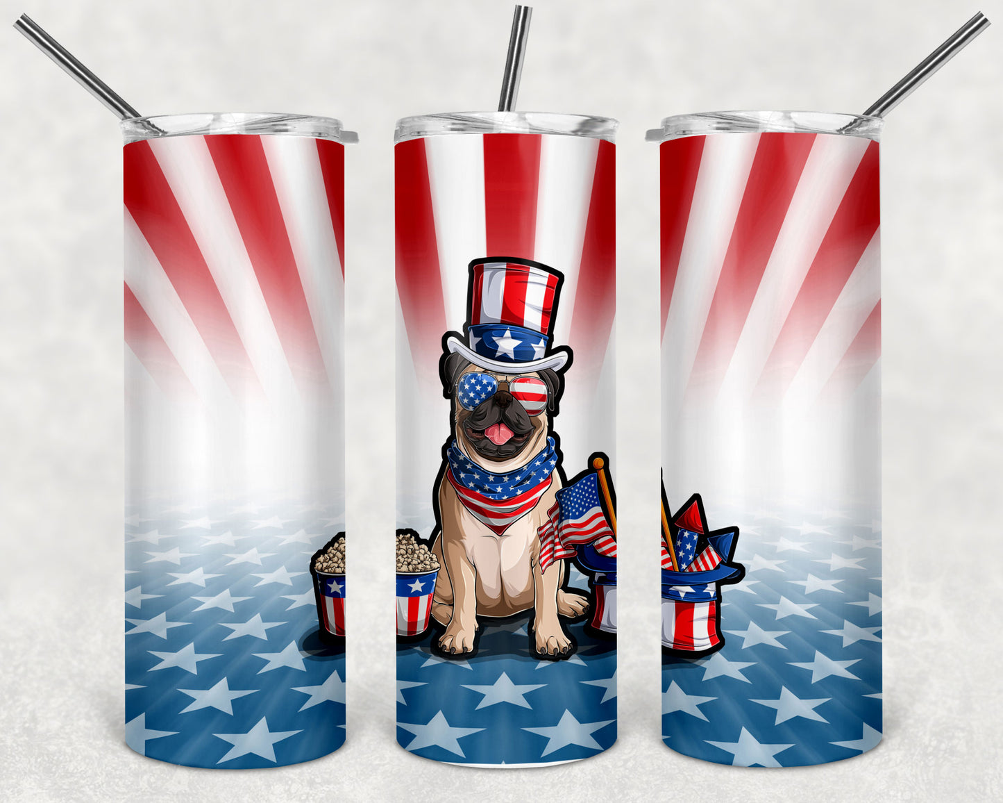 Patriotic Pug Over American Flag Skinny Tumbler 20oz