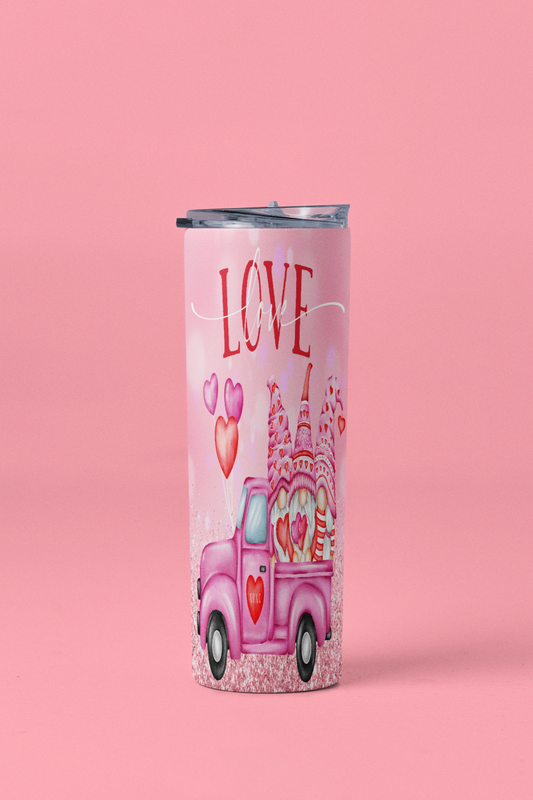 Pink Love Gnome Truck Skinny Tumbler 20oz