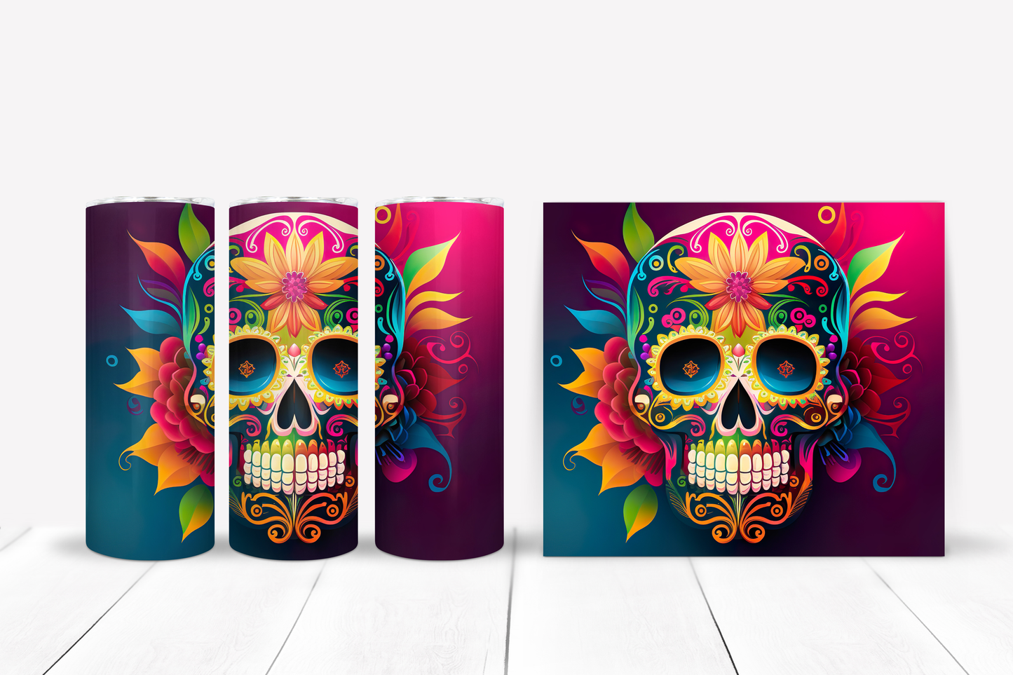 Blue Pink Sugar Skull Skinny Tumbler 20oz