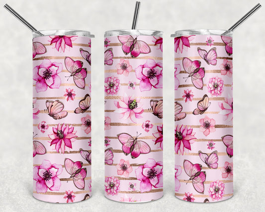 Pink Butterfly and Flowers Skinny Tumbler 20oz