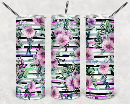 Purple Flowers and Stripes Skinny Tumbler 20oz