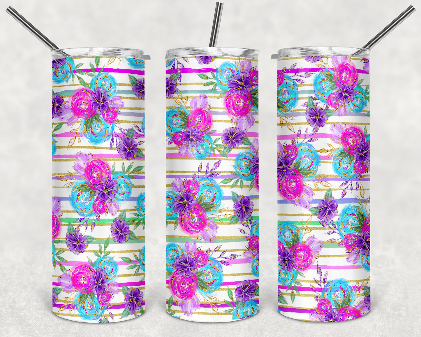 Neon Flowers and Stripes Skinny Tumbler 20oz