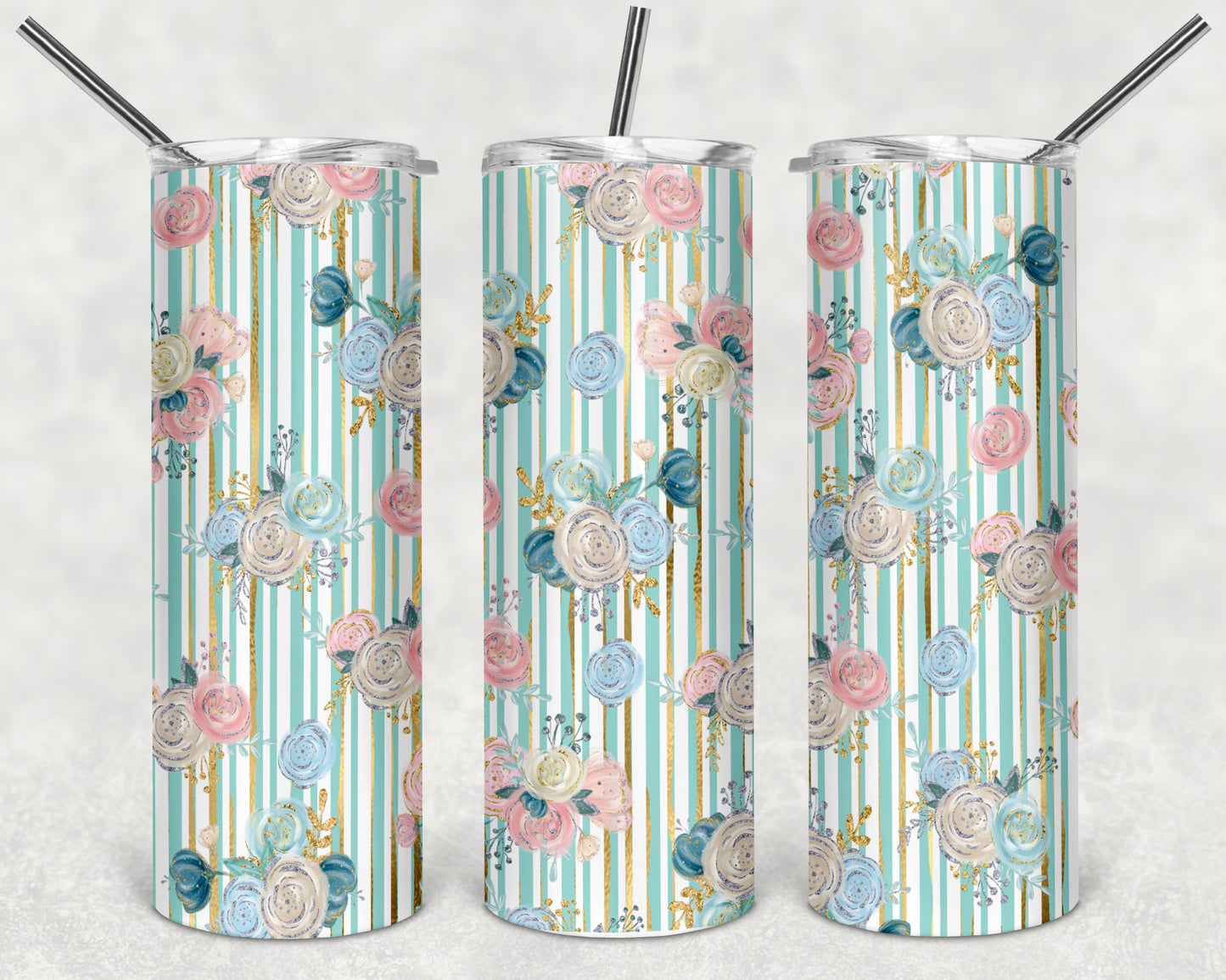 Pastel Flowers and Stripes Skinny Tumbler 20oz