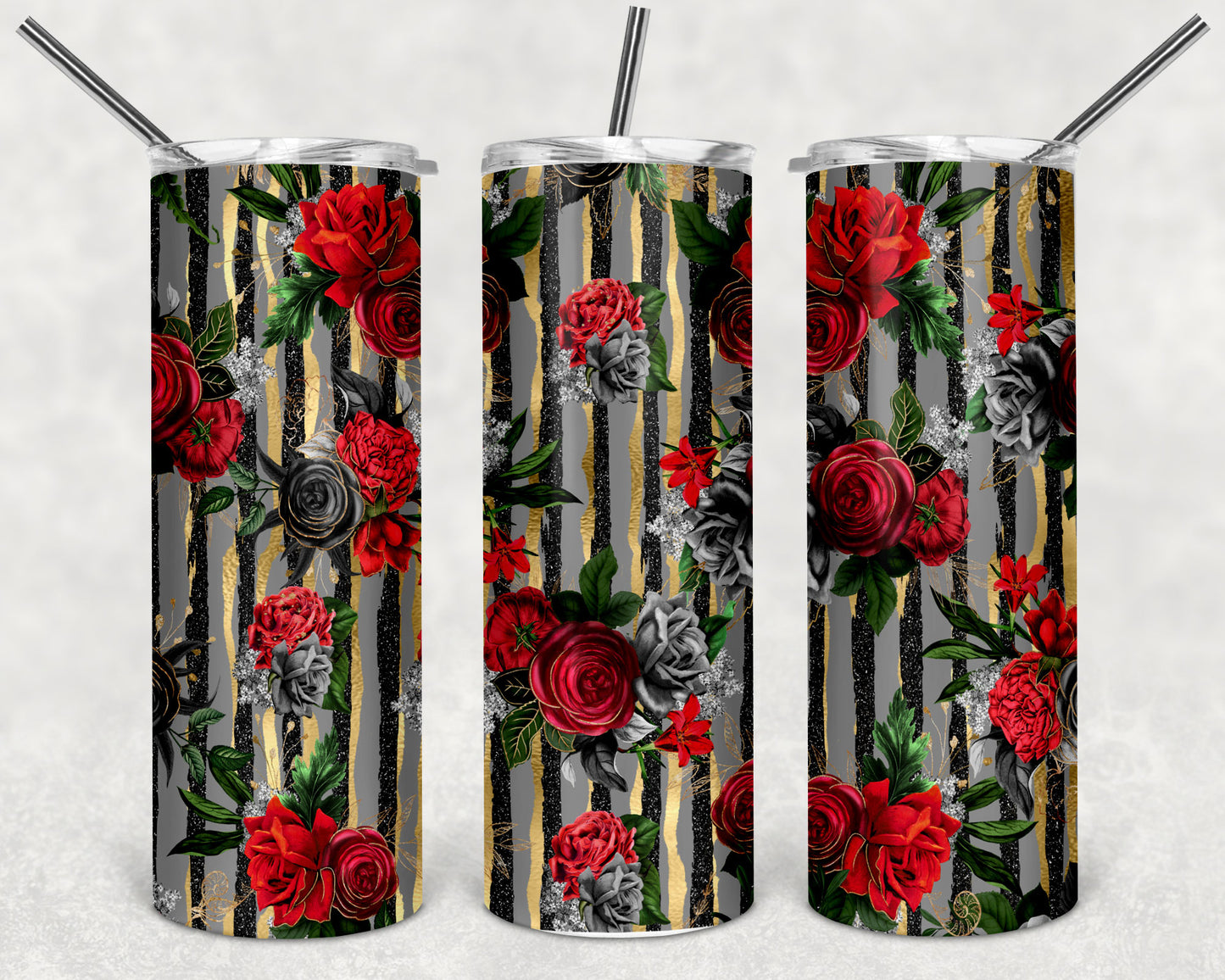 Deep Red Roses and Stripes Skinny Tumbler 20oz