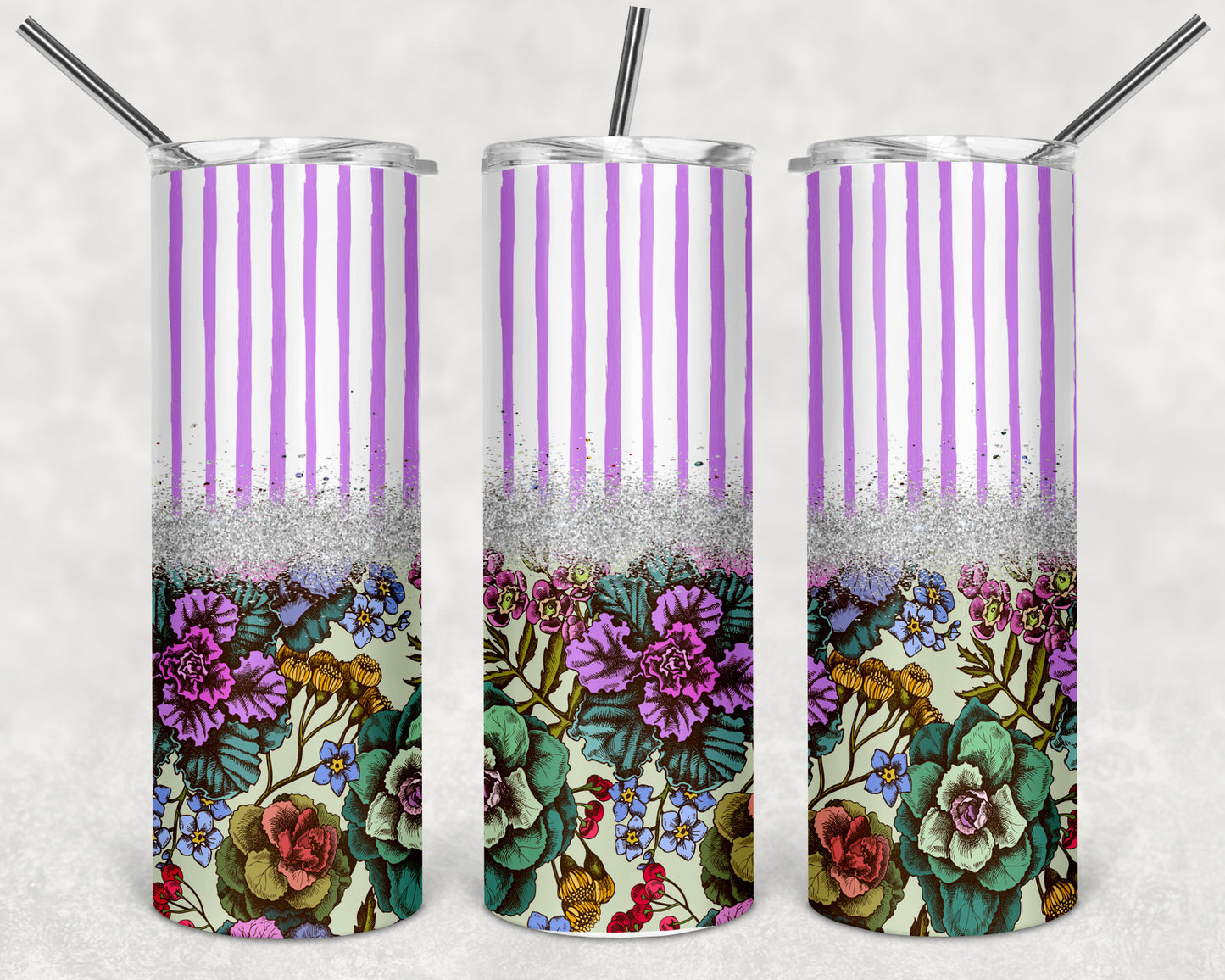 Mauve Floral Stripes Skinny Tumbler 20oz