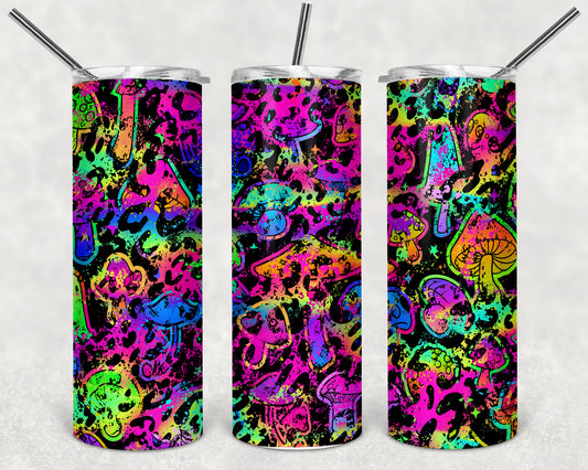 Neon Leopard Print and Mushrooms Skinny Tumbler 20oz