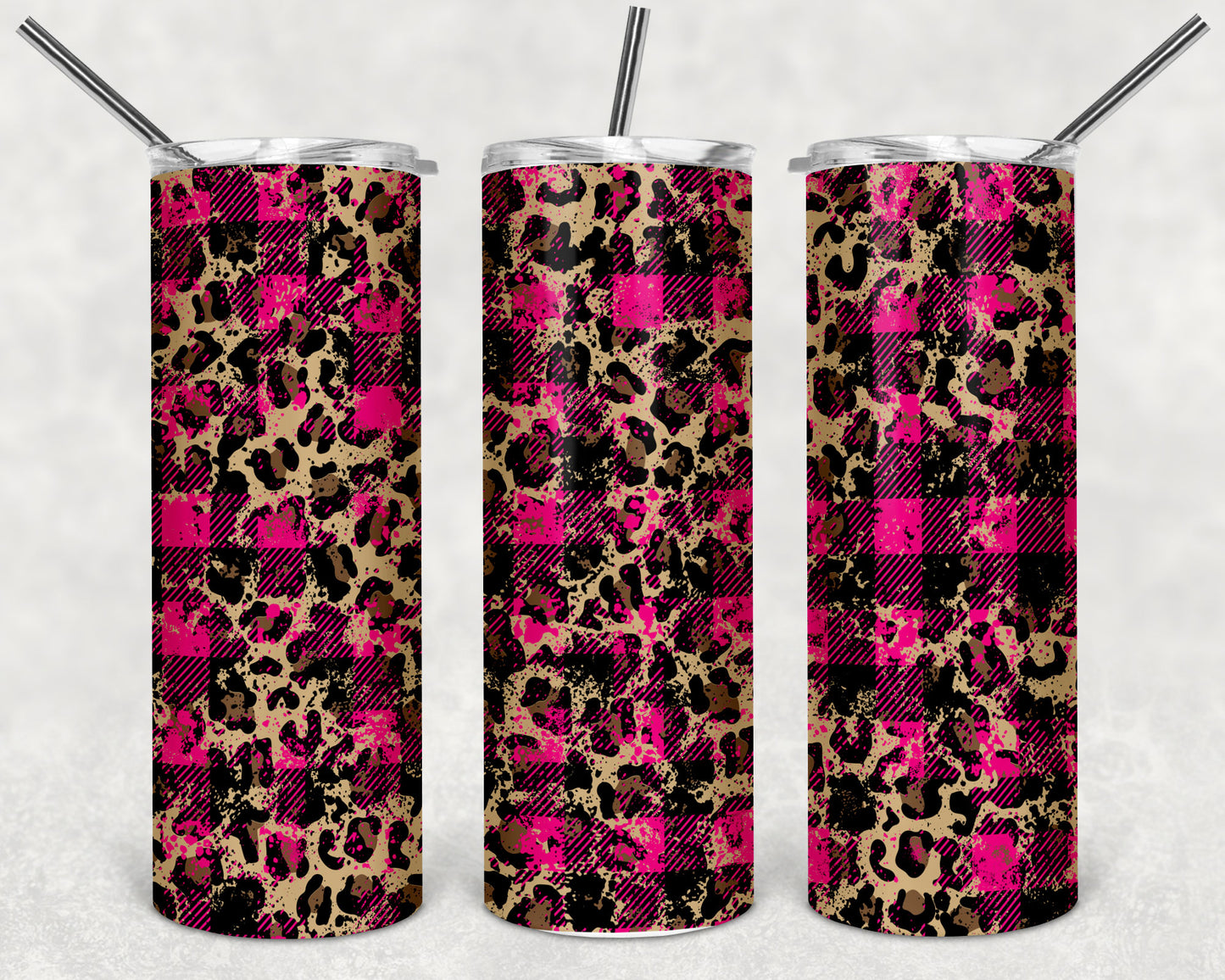 Pink Plaid Leopard Print Skinny Tumbler 20oz