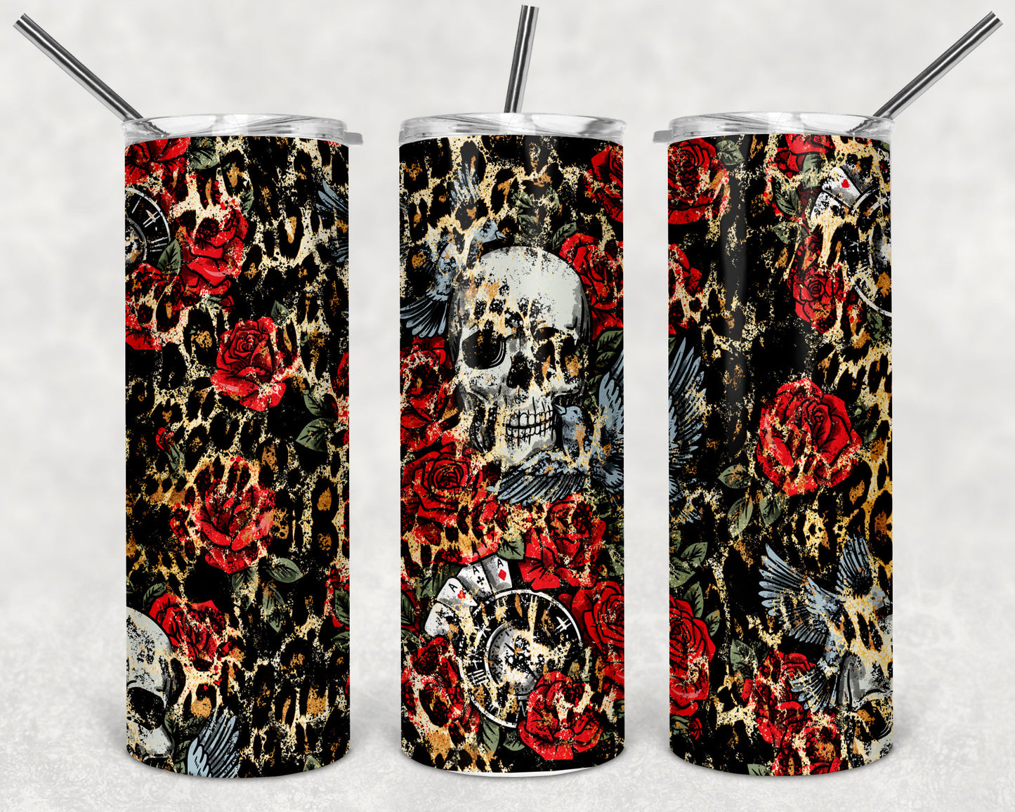 Leopard Rose and Skull Skinny Tumbler 20oz