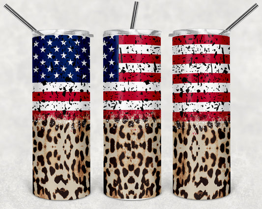 Flag and Leopard Print Skinny Tumbler 20oz