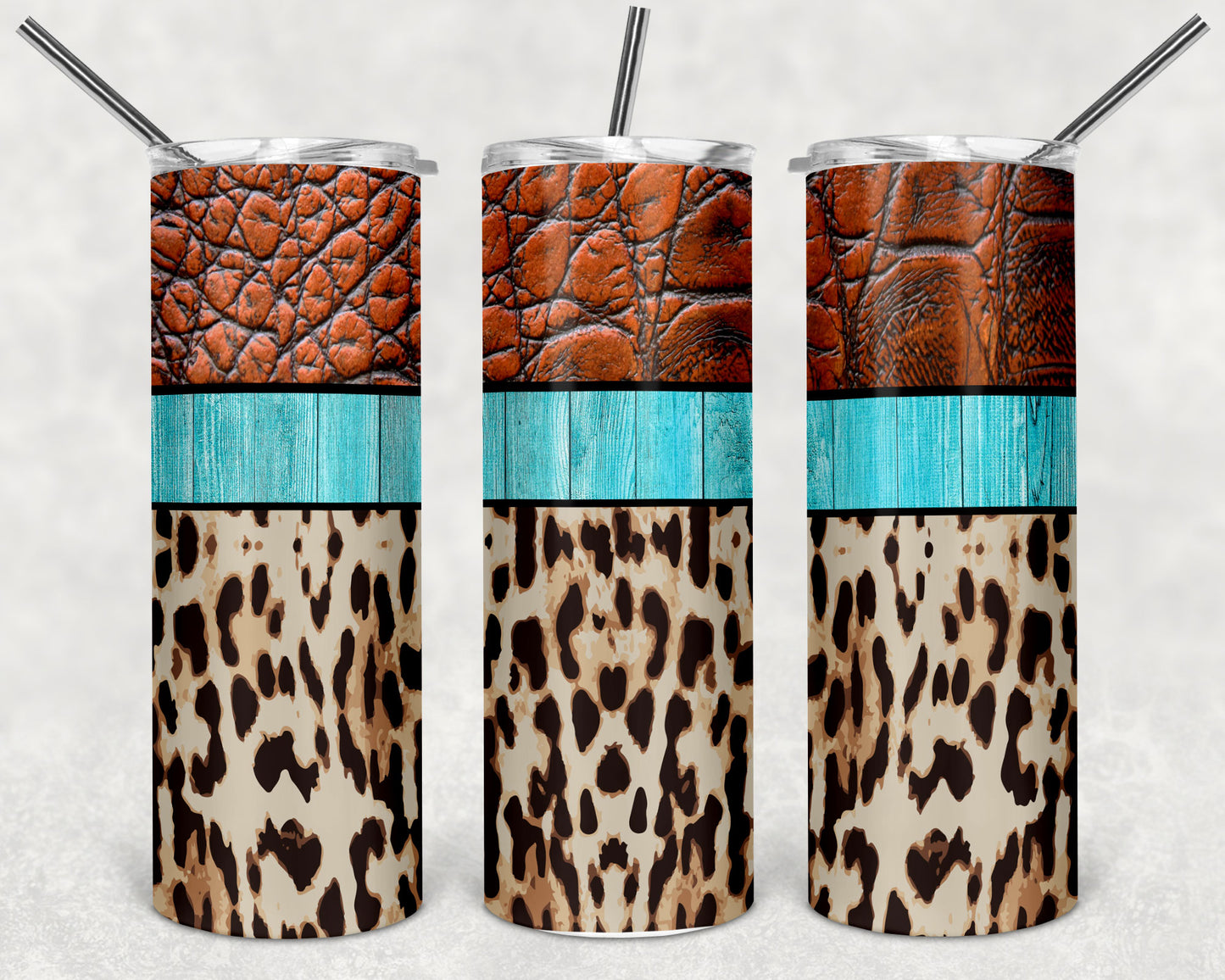 Leather Wood and Leopard Print Skinny Tumbler 20oz