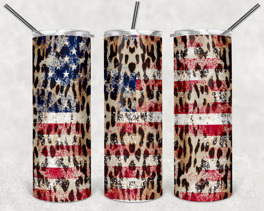 Leopard Print and US Flag Skinny Tumbler 20oz