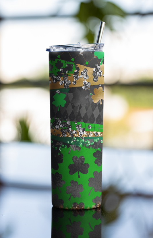 Black Shamrock Glitter Skinny Tumbler 20oz