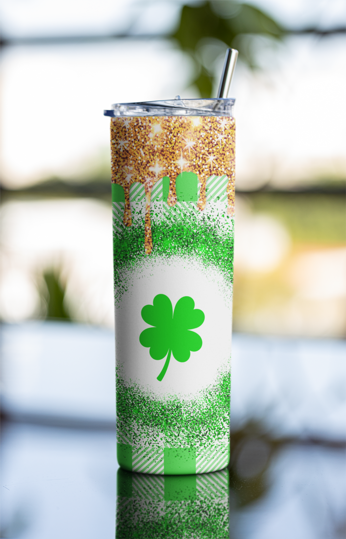 Gold Glitter Plaid Shamrocks Skinny Tumbler 20oz