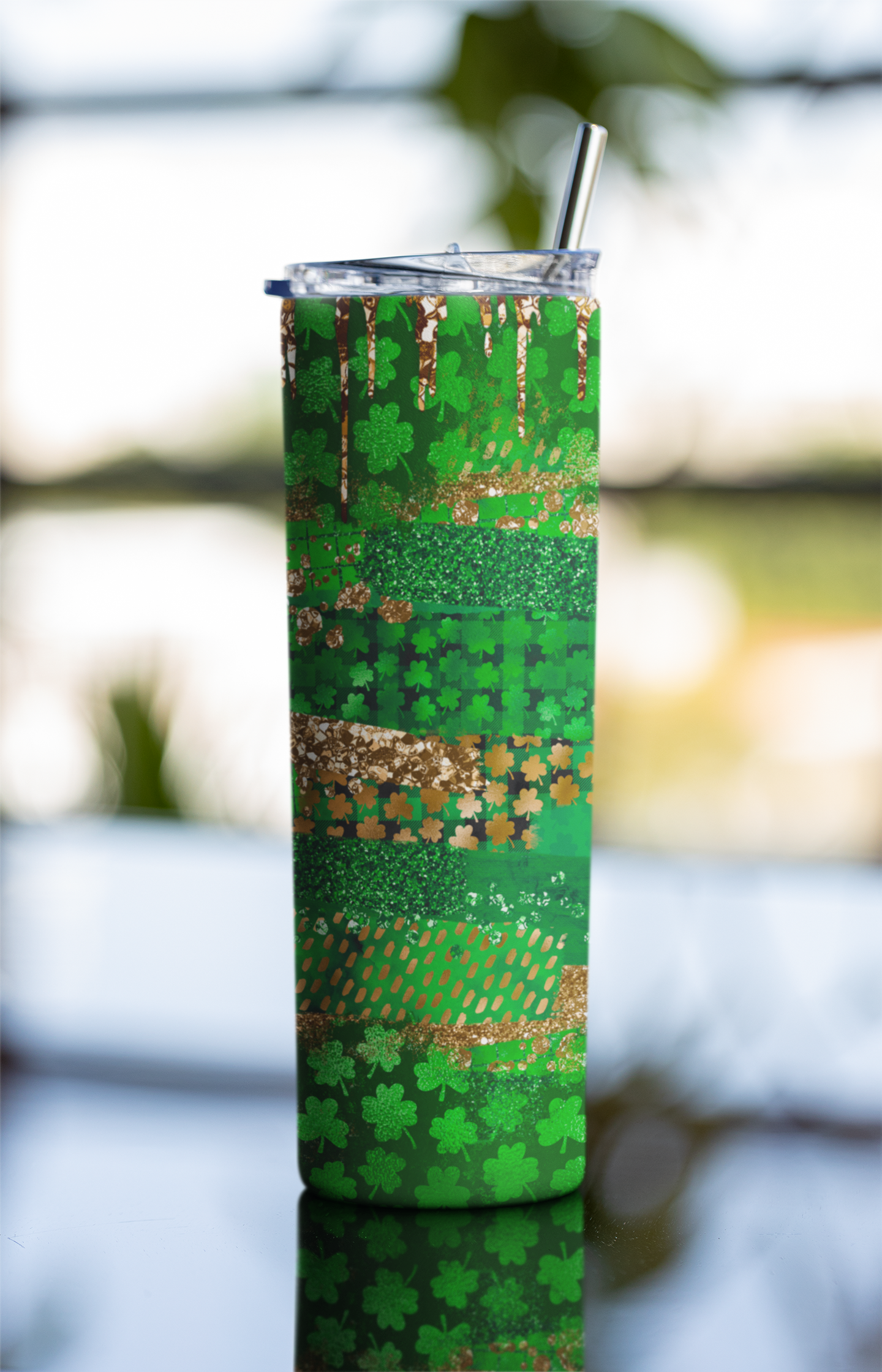 Green Shamrock Glitter Skinny Tumbler 20oz